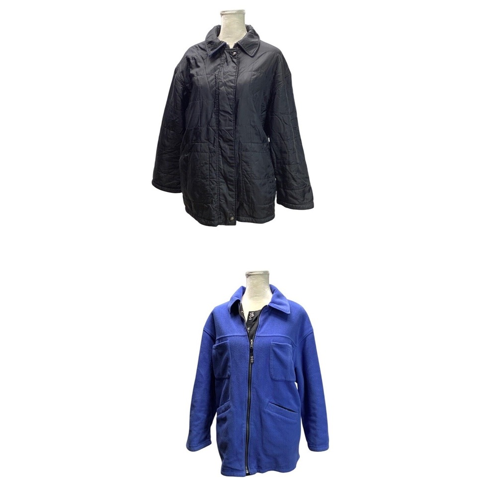 Womens London‎ Fog Reversible Jacket Fleece Black Blue Quilted Zip Snap Size M